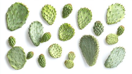 Assorted Fresh Cactus Pieces on White Background for Textures