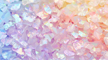 Colorful iridescent butterfly shapes scattered on soft pastel background create whimsical and dreamy atmosphere. Perfect for artistic and creative projects