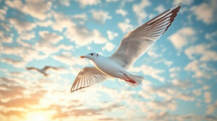 Obraz premium A seagull soaring gracefully against a vibrant sunset sky.