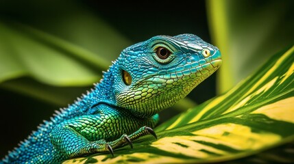 Obraz premium Vibrant Blue Lizard Resting on Tropical Green Leaf in Nature
