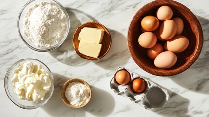 Raw Scone Ingredients Neatly Arranged on White Marble Counter – Top View
