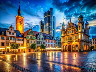 Fototapeta premium Night Photography: Old Town Meets Modern Skyline - Cityscape Contrast