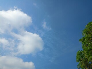 Blue sky with clouds and sun reflection.The sun shines bright in the daytime