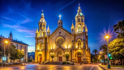 Fototapeta premium Night Photography: San Francisco Saints Peter & Paul Church Facade - Illuminated Gothic Architecture