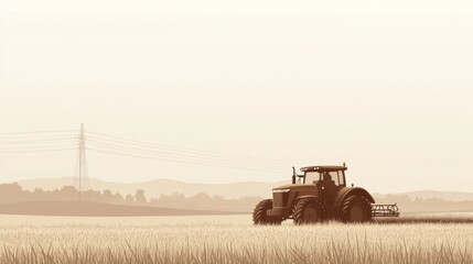 Fototapeta premium Tractor working in a field, hazy background, rural scene, illustration