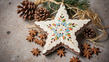 Decorative porcelain star ornament with spices and pine, holiday decor