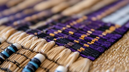 Naklejka premium Close-up of Exquisite Handwoven Textile with Vibrant Purple and Beige Accents, Detailed Weaving Pattern, and Unique Beaded Elements.