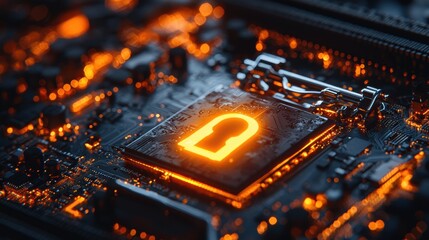 A close-up of a circuit board featuring a glowing padlock symbol.