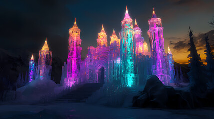 Fototapeta premium A majestic ice castle, illuminated by colorful lights at night, features intricate carvings and glowing spires. Illuminated Ice Spires. Illustration