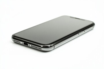 Sleek smartphone, angled view, white background, advertising