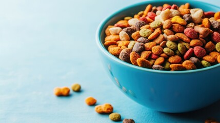 Colorful pet food in bowl on blue background