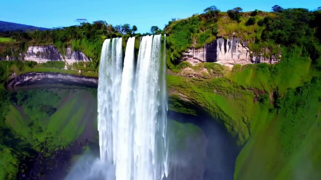 Una majestosa cascada con mucha vegetaci&oacute;n a su alrededor.