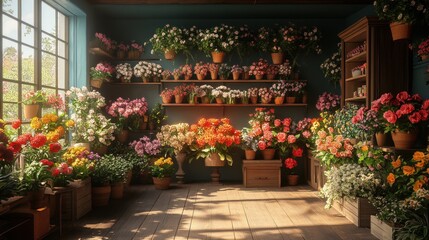Fototapeta premium Sunlit flower shop interior, shelves of colorful blooms, vintage window