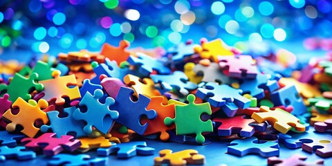 Panoramic Colorful Puzzle Pieces Scattered on Blue Background - Stock Photo