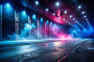 Panoramic Dark Blue Asphalt Street Background with Neon Lights & Smoke for Product Display