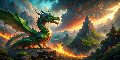 Fototapeta premium Panoramic Emerald Dragon Breath: Fiery Green Breath of Fantasy Dragon