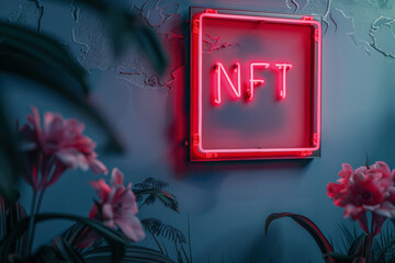 Neon NFT Sign Glowing on Dark Background, Digital Art Technology Concept
