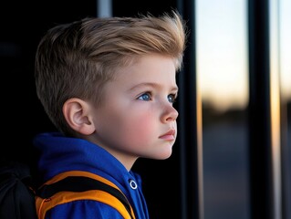 Obraz premium A thoughtful boy gazes out a window, capturing contemplation and curiosity.