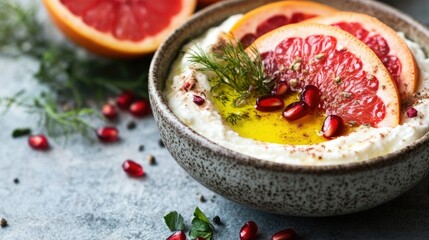 Bright and flavorful labneh dip with a drizzle of olive oil, topped with citrusy grapefruit, sumac, roasted beetroot, pomegranate, and fennel.