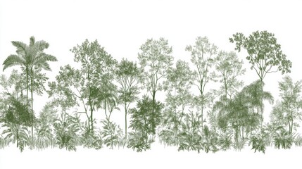 Lush Green Forest Illustration Featuring Diverse Trees and Foliage in a Serene Natural Setting