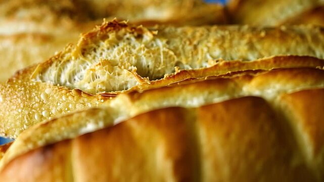A close-up video showcasing the texture of freshly baked sesame bread, highlighting the crisp crust and soft interior.
