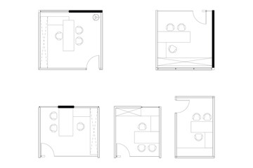 Collection minimalist 2d vector graphic of a office cubical design, highligthing clean lines and efficient use of space. Perfect for architectural plans and interior design concepts. Set 9
