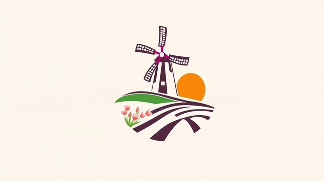 stylized windmill and landscape illustration with sun and flowers minimalist design