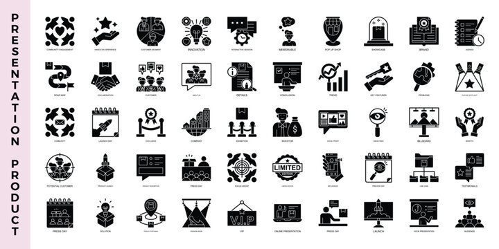 Product presentation icon set with full black fill combination