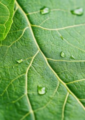Obraz premium Dewdrops on a green leaf, macro view. Nature background, ideal for eco-friendly designs