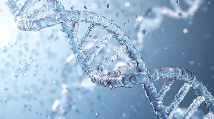 Highly detailed and realistic illustration of a water molecule structure mimicking DNA, showcasing its beauty and complexity in a serene environment
