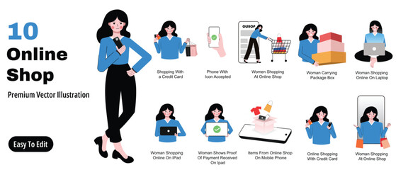 Business illustration concept. Collection of women shopping online, Credit card use, Online shop.. Vector Illustration