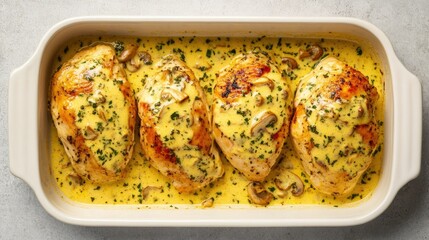 Creamy roasted chicken breast with buttery mushrooms, plated beautifully in a white dish, set on a neutral gray concrete background.