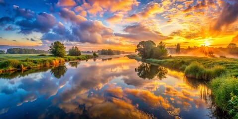 Panoramic Sunrise over Calm River, Golden Hour Landscape Photography
