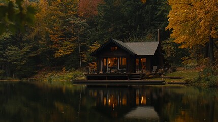Obraz premium Cozy cabin on lake at autumn dusk.