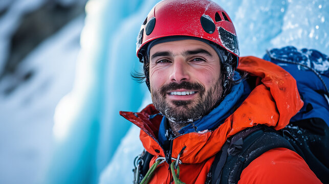 A photo of a group of ice climbers scaling a frozen waterfall