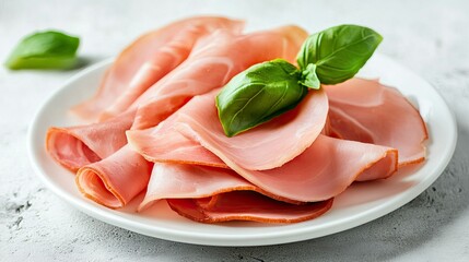 Delicate slices of turkey ham, artistically arranged on a white plate with basil garnish. A fresh and healthy ingredient for sandwiches, top view.