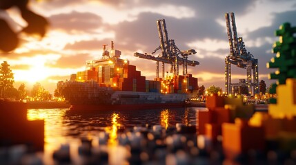 Obraz premium Large container ship docked at a futuristic port with cranes and containers in a high fidelity scene