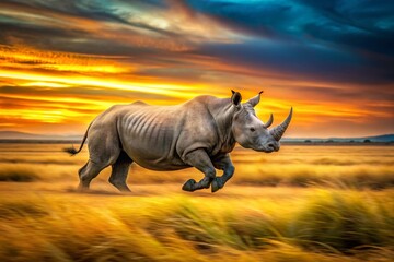 Obraz premium Panoramic View of a Rhino Running Wild in African Savanna