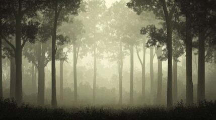 Misty forest path, sunlit clearing, tranquil scene, nature background, ideal for websites