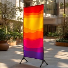 Vibrant banner atrium display, colorful waves, sunlight
