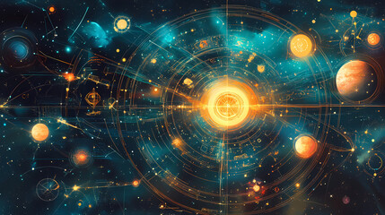 A captivating illustration of the universe blending science and astronomy with abstract symbols and celestial imagery. Celestial Cartographers. Illustration