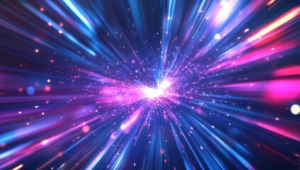 Fototapeta premium Hyperspace jump, neon light trails, cosmic dust, background blur, VFX
