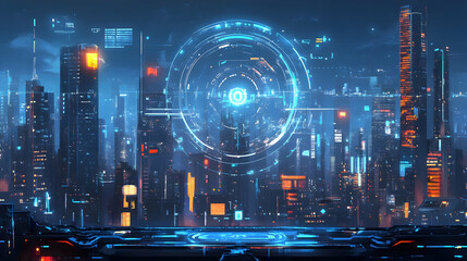 Futuristic city night, holographic interface, cityscape background, tech concept