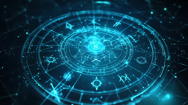 A glowing astrological wheel featuring zodiac symbols, representing celestial influences and cosmic energy. Celestial Cartographers. Illustration