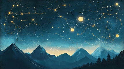 An artistic depiction of the celestial night sky with constellations. Celestial Cartographers. Illustration