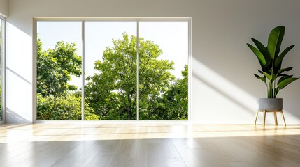 Minimalist Room Design Featuring Large Windows and Greenery