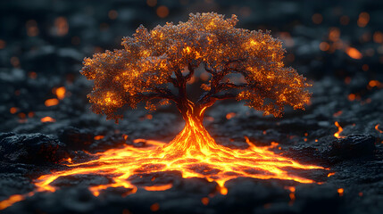 Glowing Tree Emerging From Lava Flow