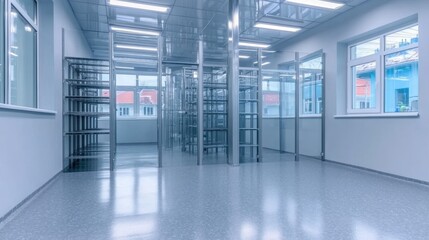 Fototapeta premium Modern, spacious interior with glass partitions and shelving units.