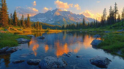 Naklejka premium Serene mountain landscape reflecting in a tranquil lake at sunset.