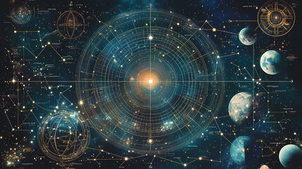 Obraz premium Elegant astrological natal chart with cosmic elements , astrology, zodiac, horoscope, stars, celestial. Celestial Cartographers. Illustration